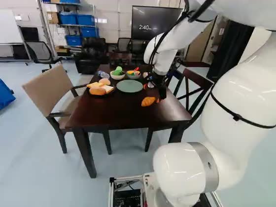 Left scene camera: the robot arm is lowered over a dark wooden table set with plates, a bottle and coloured objects.